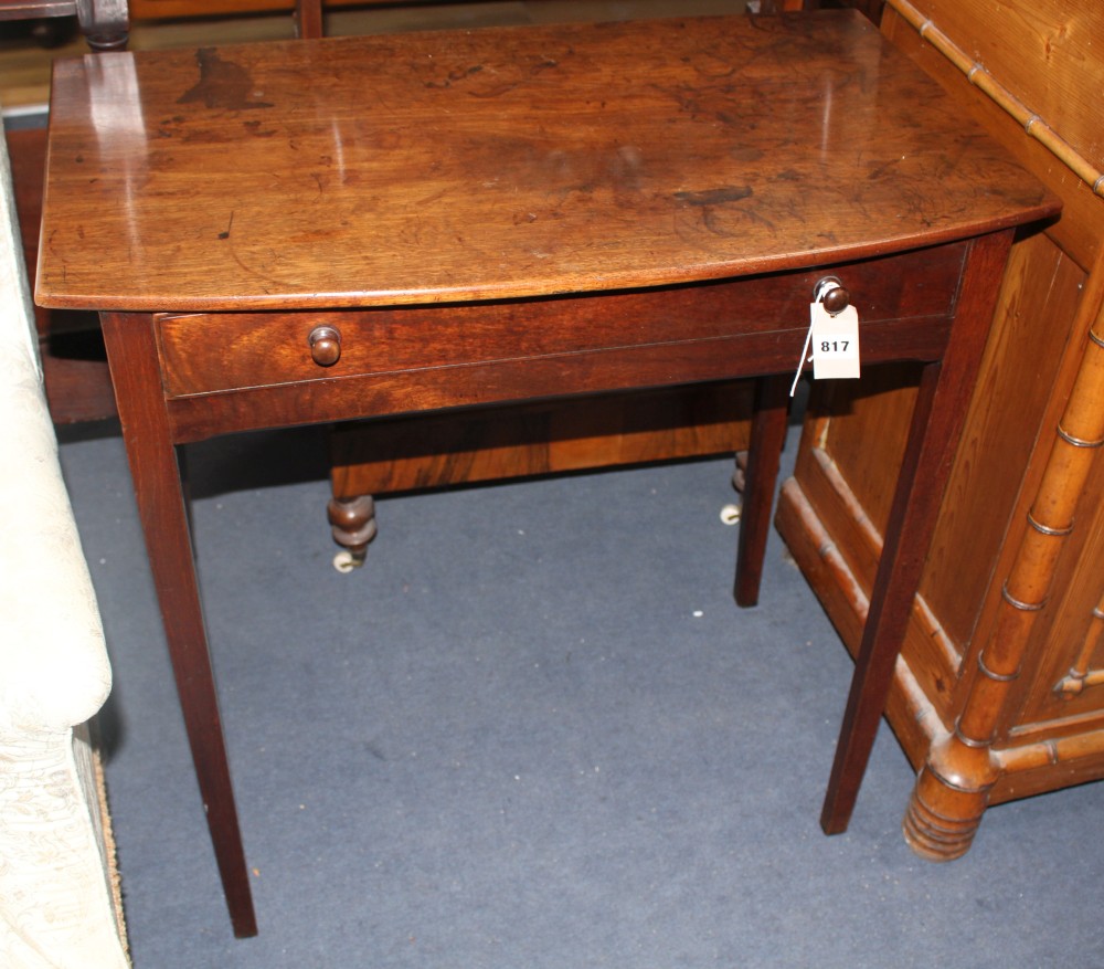 A late George III mahogany bowfront side table, with single drawer on squared legs, W.76cm D.45cm H.76cm